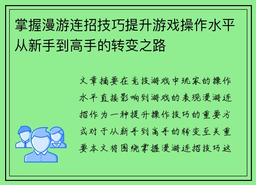 掌握漫游连招技巧提升游戏操作水平从新手到高手的转变之路
